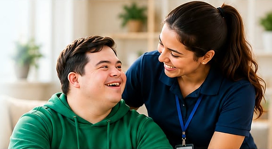 Young man smiling with his support worker