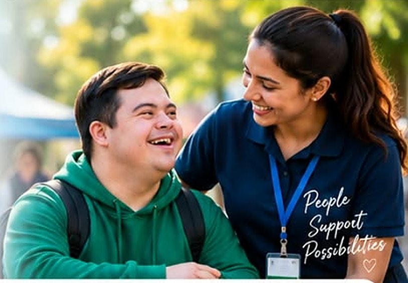 Young man laughing with his support worker outdoors