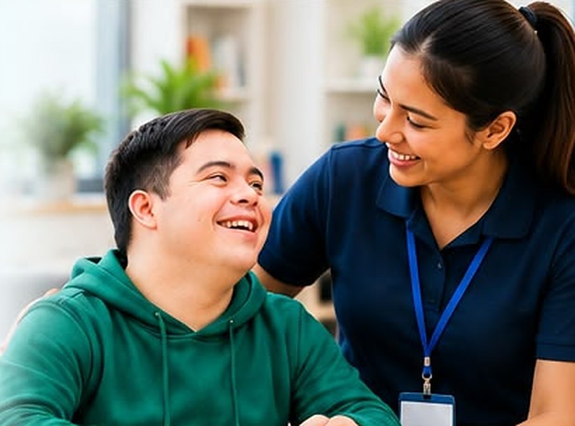 Smiling young man in a green hoodie with his support worker