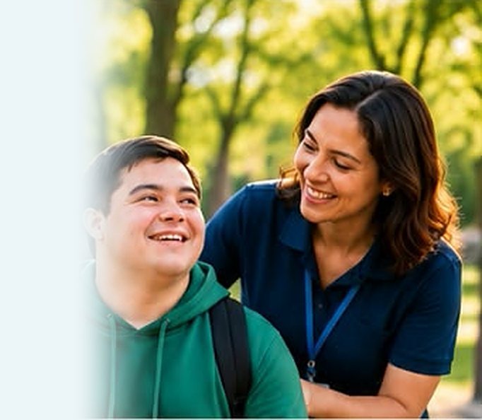 Young man and support worker smiling together in a park