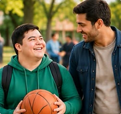 Young man holding a basketball in the park with a friend