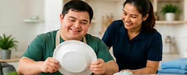Young man drying dishes with a support worker
