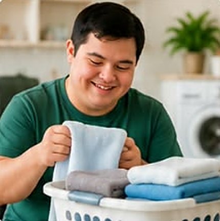 Young man folding laundry at home
