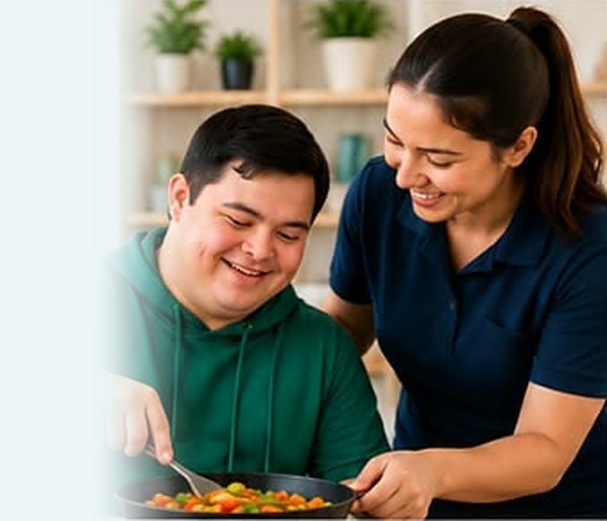 Young man cooking a stir fry with a support worker