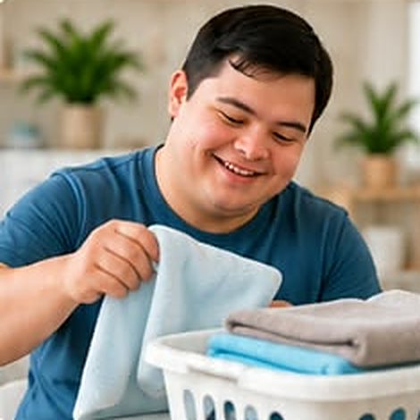 Young man folding towels into a laundry basket