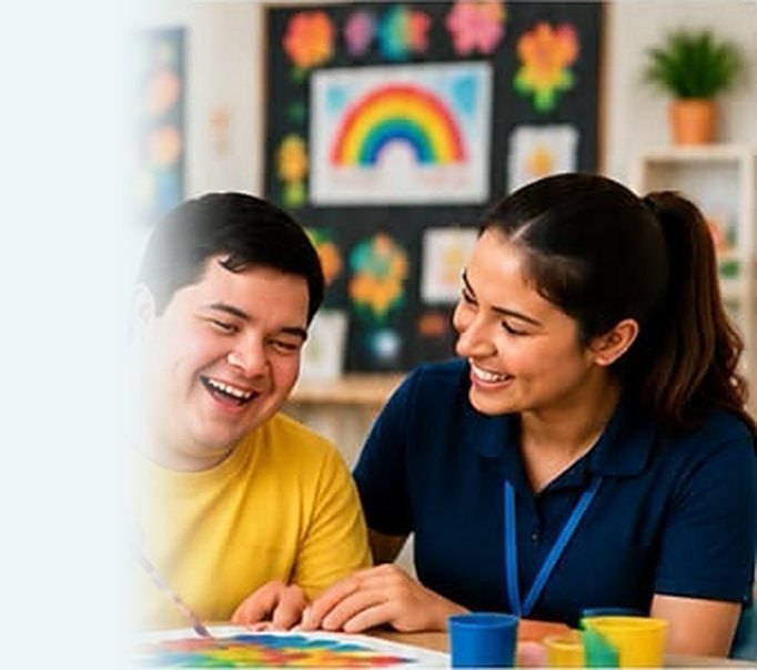 Young man painting with a support worker at an activity centre