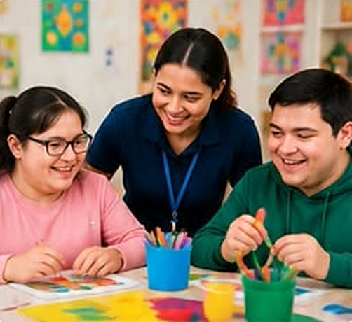 Support worker and participants painting together