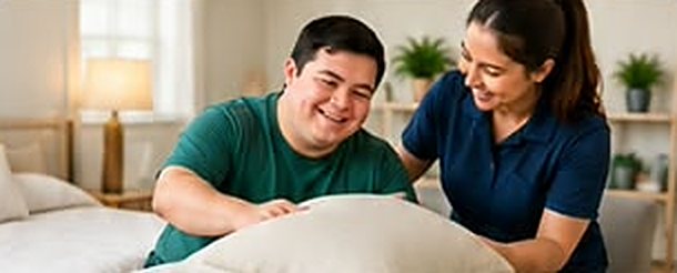 Young man making a bed with a support worker