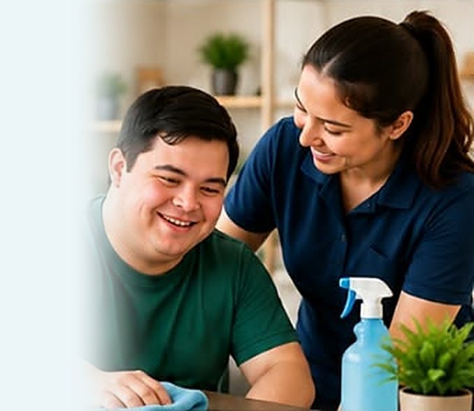 Young man wiping a table with a support worker