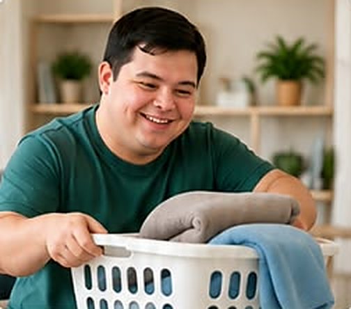 Young man carrying a laundry basket