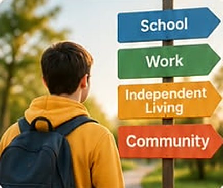 Young man with a backpack looking at signposts to school, work, independent living and community