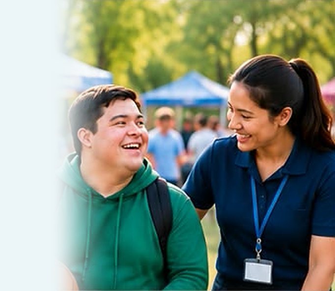 Young man and his support worker smiling together at a community event
