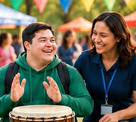 Young man playing a drum at a community festival with a support worker