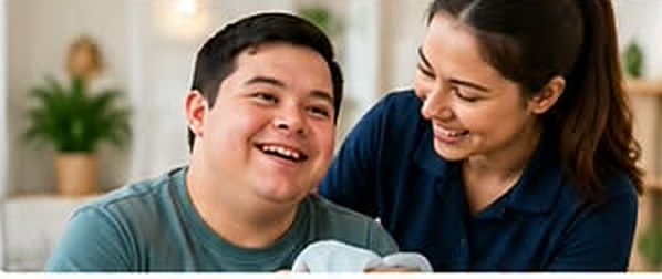Young man and support worker laughing together at home