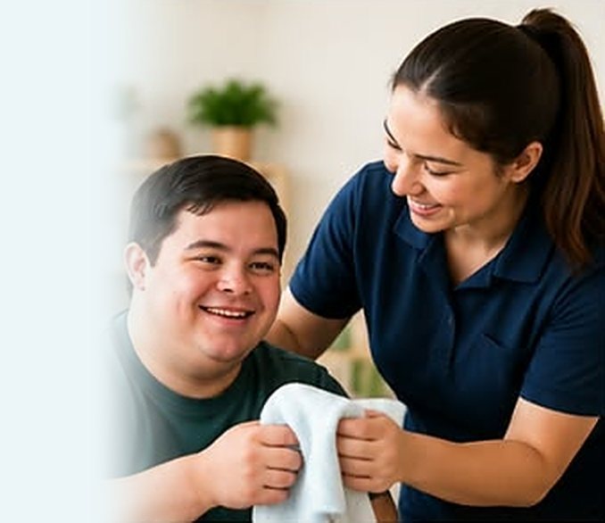 Support worker helping a smiling young man with a towel
