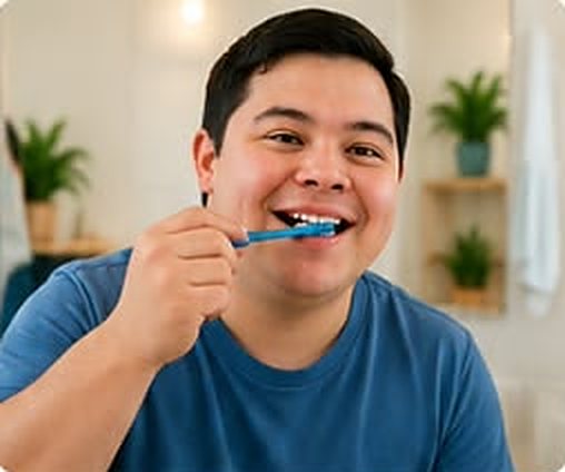 Young man smiling while brushing his teeth