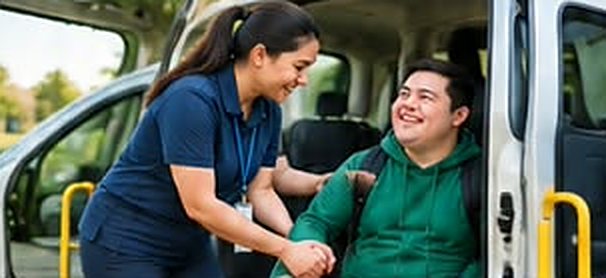Support worker helping a young man settle into a van