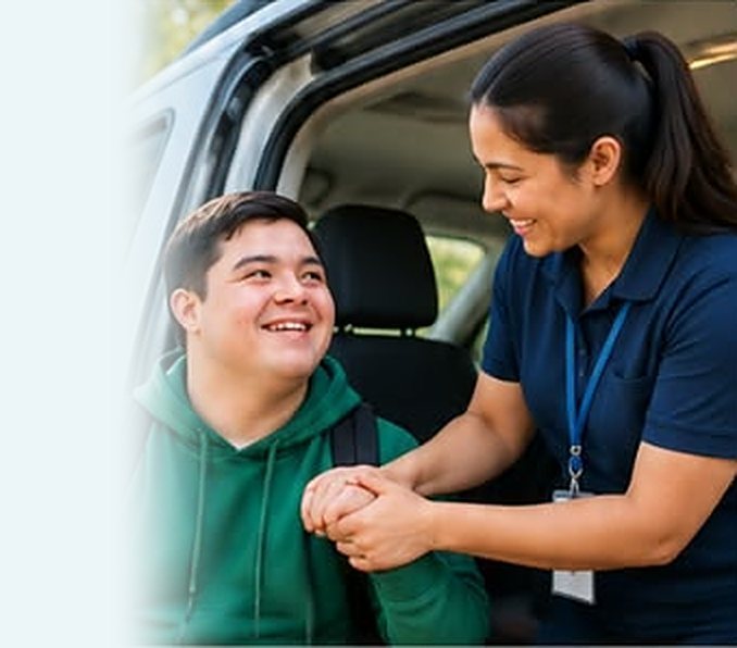 Support worker helping a young man into a vehicle
