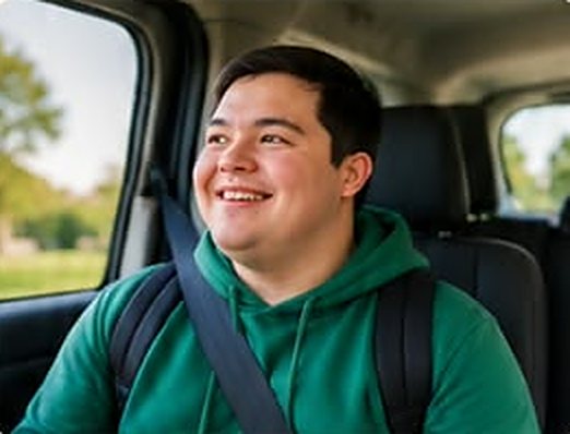 Smiling young man wearing a seatbelt in the passenger seat